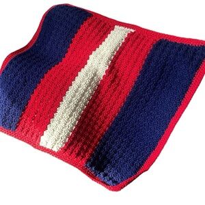 Baby Stroller Blanket Americana Children’s Red Navy Crocheted Throw Handcrafted